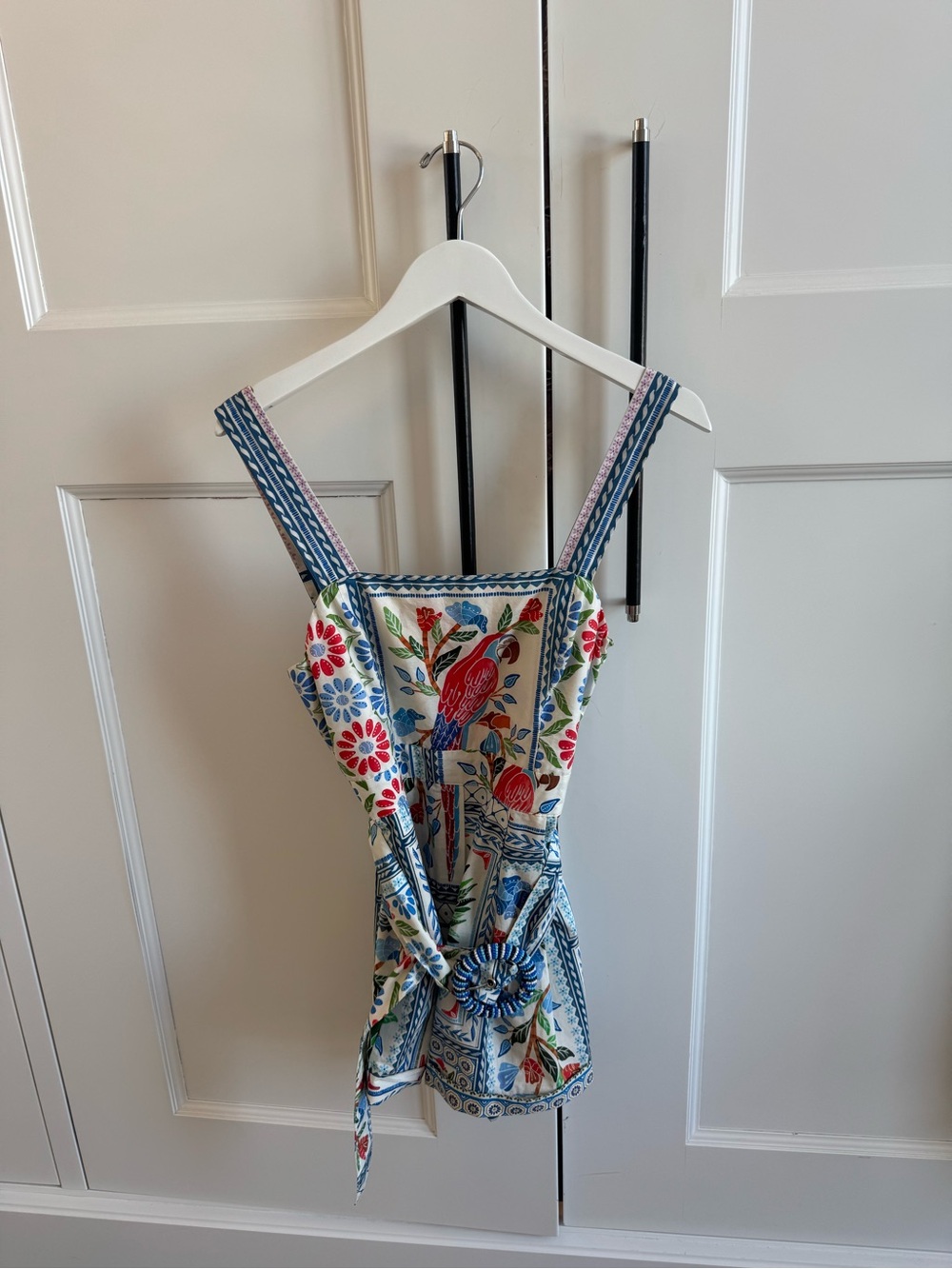 FARM Rio White Floral Parrot Printed Jumpsuit with Blue Straps - Picture 1 of 11
